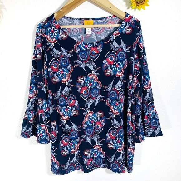 Ruby Rd. Floral Red White Blue Ruffle Sleeve Stretchy Blouse Size XL Women’s - Picture 1 of 9